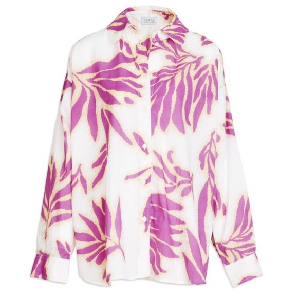 TANYA TAYLOR Calandra Straight-Cut Button-Up Beach Top, Boysenberry And Chalk - Picture 1 of 4